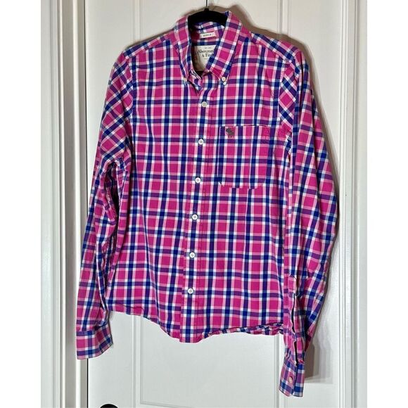 Abercrombie and Fitch pink and blue check button down shirt in Size L - Picture 1 of 7